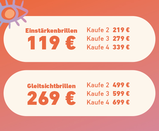 Ersparnis von den 2+2 Angebotspreisen gegenüber den normalen Preisen beim Kauf von 2 und 3 Brillen Ersparnis von den 2+2 Angebotspreisen gegenüber den normalen Preisen beim Kauf von 2 und 3 Brillen